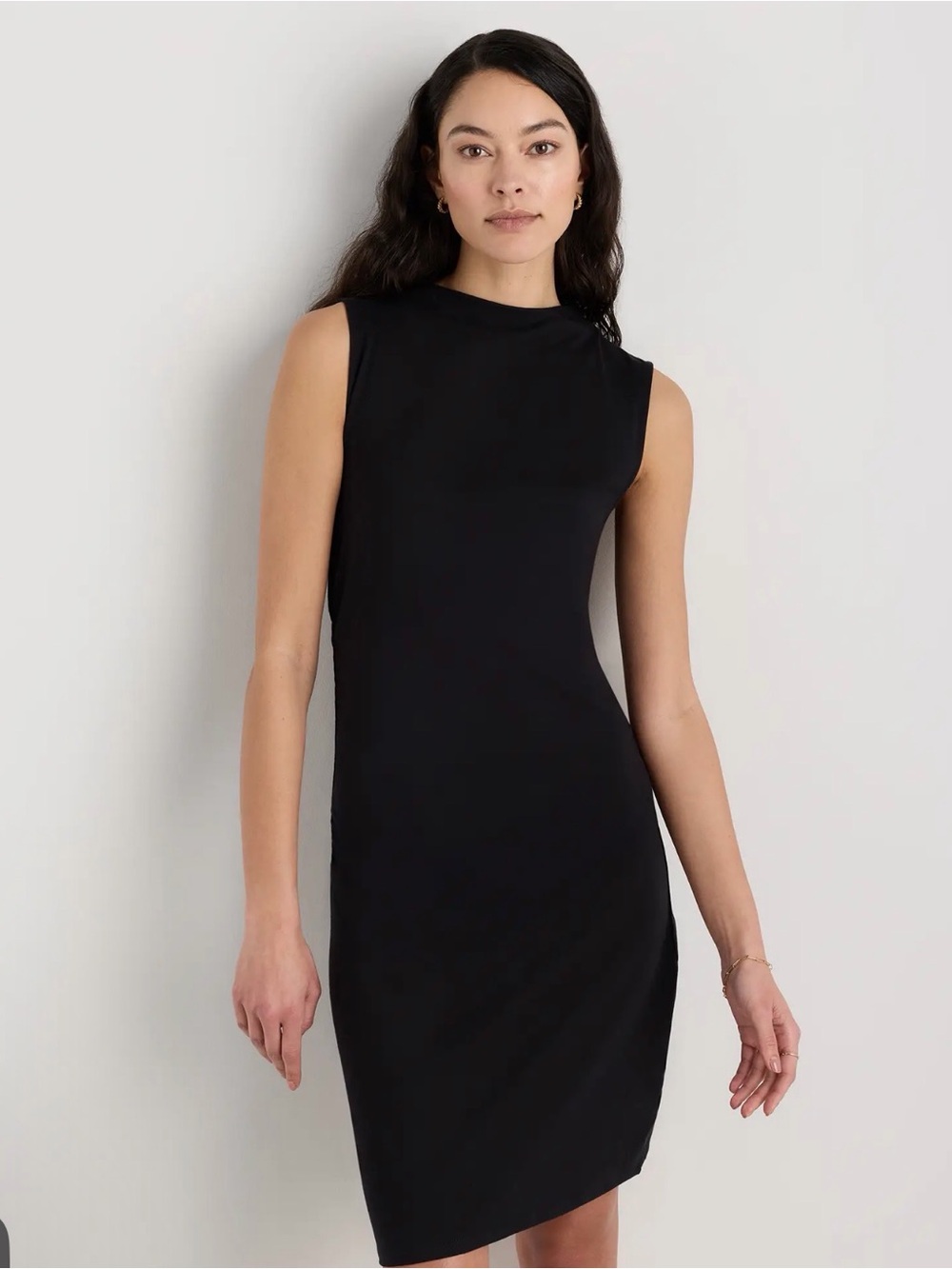 Quince Stretch Cotton Mock Neck Mini Dress in Black Large